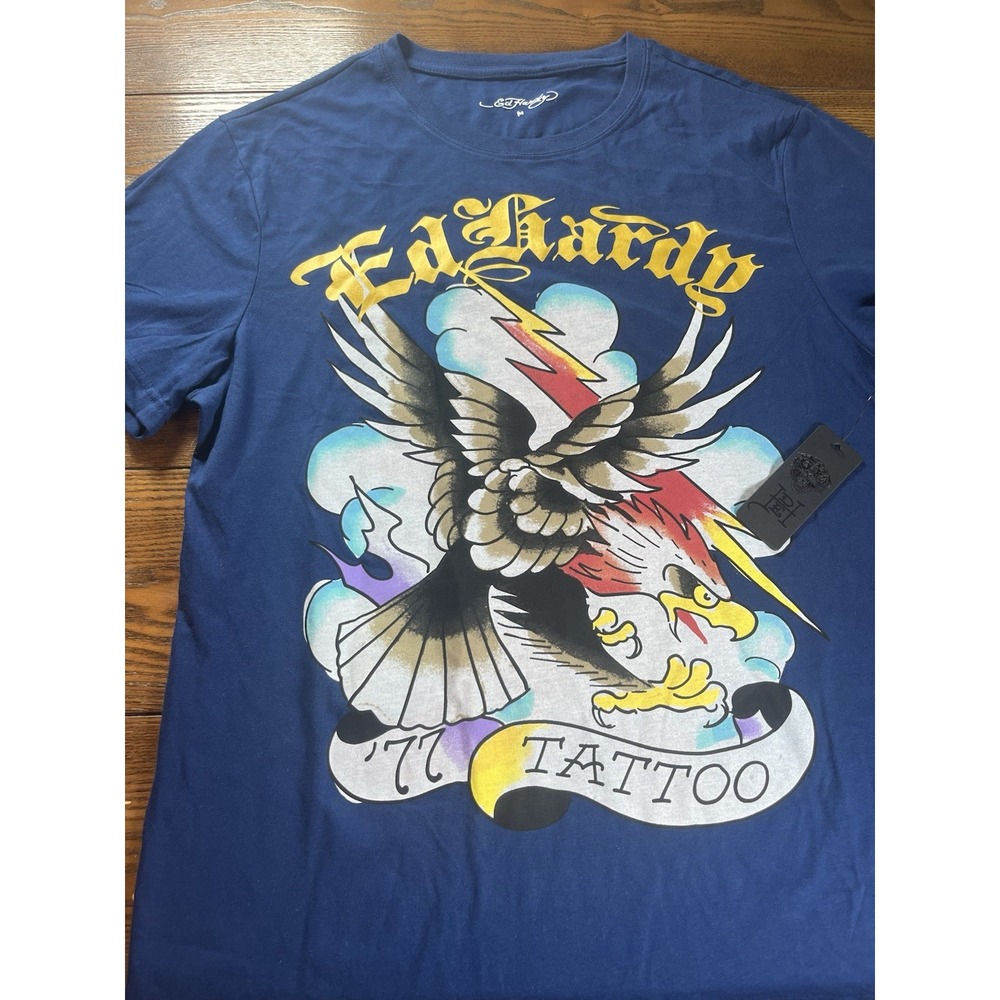 NEW Ed Hardy Men's M Blue Tattoo 77 Graphic Print Eagle T-Shirt DEH Back NWT